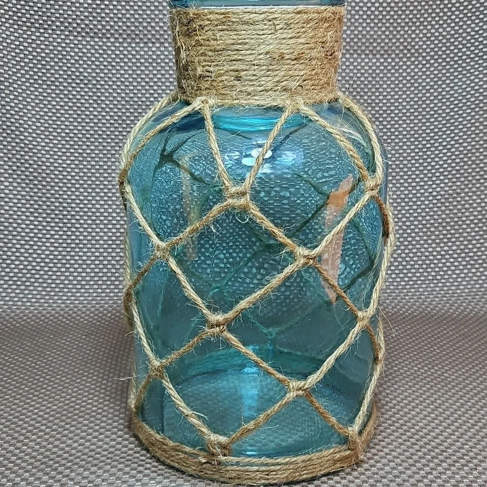 Vintage Large Nautical Blue Glass Vase Jug with Jute Netting 12h X 7w - Picture 2 of 4